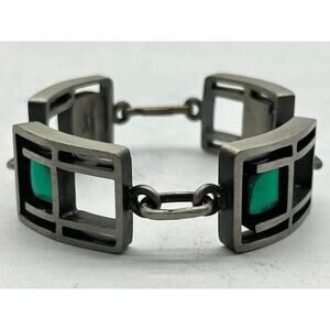 Vintage Artisan Made Post Modern Green Glass and Pewter Bracelet